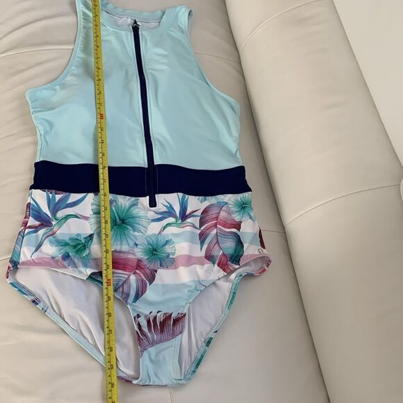 NEXT Swimsuit One Piece Zip Up Light Blue and Floral Design Women’s Size XL - Picture 9 of 12
